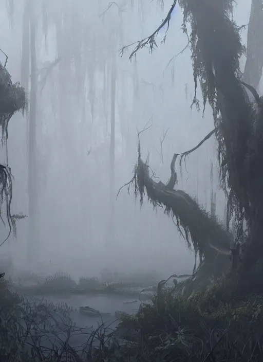 Prompt: a swamp with vines, hidden overgrown ruins, foggy, atmospheric, misty, moebius, detailed, digital art, trending on artstation