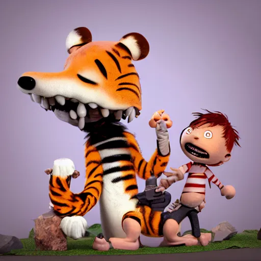 Prompt: calvin and hobbes as depressed and homeless adults on crack rock, octane render, scuplture, concept art