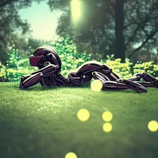 Image similar to side view of a beautiful abandoned human - shaped robot laying on the ground, overgrown foliage taking over it, close - up, 3 5 mm, biopunk, bokeh, beautiful, lens flare, emotional, sweet, flowers, detailed, picture, trending on artstation, award - winning, shiny, golden, angle view, octane render