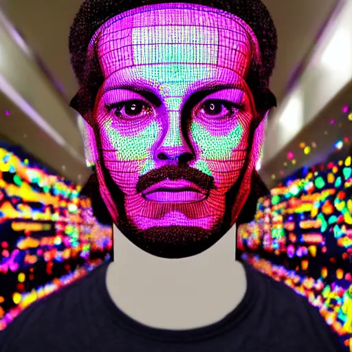 Image similar to a 3d human head made up of shiny holograms