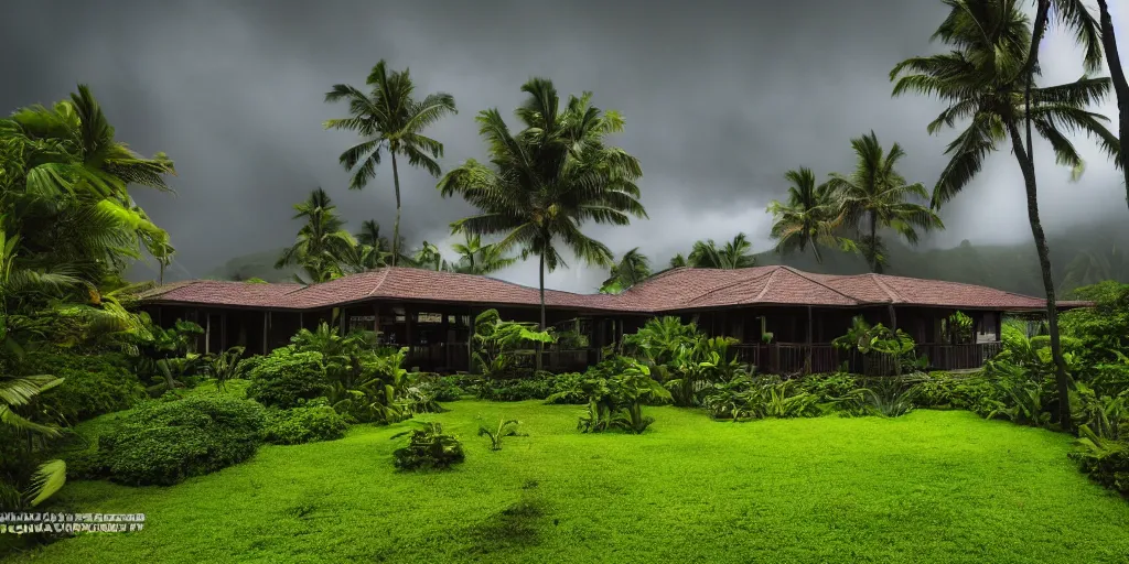 Image similar to a Hawaiian villa in the middle of an tropical forest, ominous Sky, gloomy atmosphere, cinematic, mist, High definition, 8k, ultra detailed