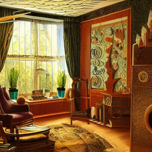 Image similar to room interior with furniture, art forms in nature, inspired by ernst haeckel, morning light, intricate high details, sharp, ultradetailed