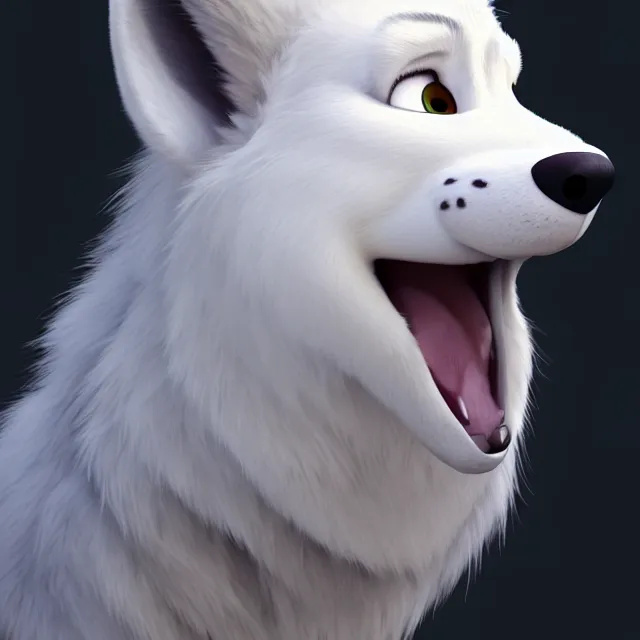 Image similar to portrait headshot of a cute male white wolf in the style of zootopia. volumetric lighting, subsurface scattering, hyperrealistic, octane render, hyperdetailed