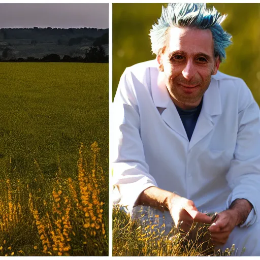 Prompt: rick sanchez in lab suit, face to camera walking in a field. france, dordogne, hills, ultra high, face to camera, detail, 8 k, sunset, flowers, trees, river, hills, octane render.