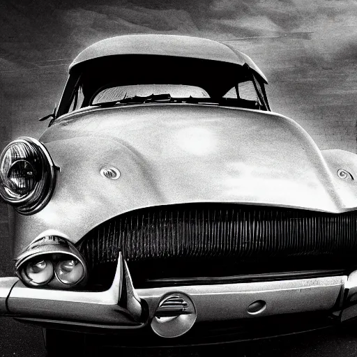 Image similar to an oldie car with wings and turbine, cyber punk, black-white retro photo