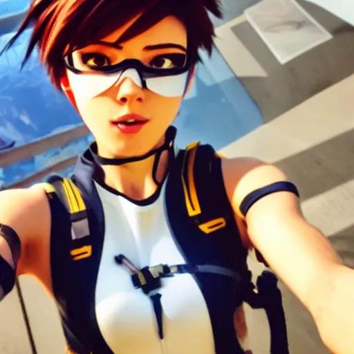 Image similar to tracer from overwatch smartphone selfie with friends