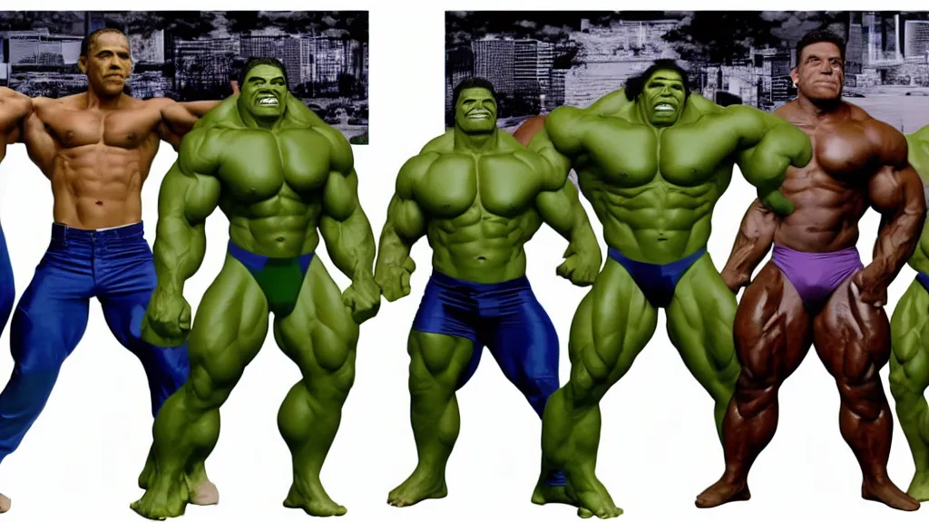 Prompt: Bodybuilder Obama Hulk Clones as the boy band Nsync by Beeple, 4K
