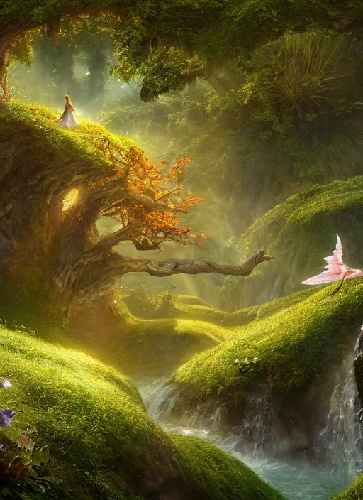 Image similar to an elegant winged fairy in the lord of the rings scenery landscape, playing in a vast lush valley flowers and mushroom structures, stream, sunrise, god's rays highly detailed, vivid color, cinematic lighting, perfect composition, 8 k, gustave dore, derek zabrocki, greg rutkowski, belsinski, octane render