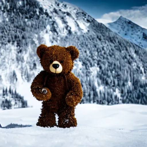 Prompt: cinematic shot of a teddy bear as a special forces soldier holding a sniper rifle in a snowy mountain range, 8 k, depth of field, very detailed,