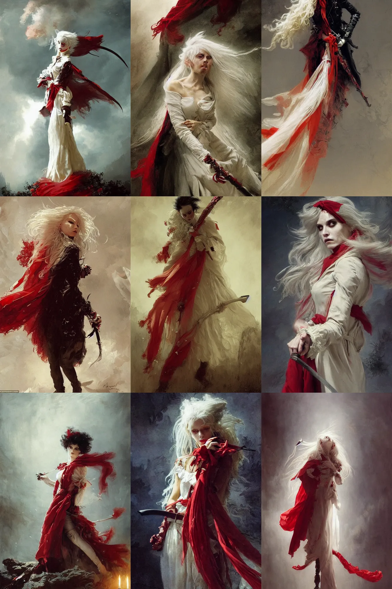 Image similar to a vampire with long light white hair and a red scarf, windy, ribbons, melancholic, modern maximalist fashion dress, is ( ( holding a sword ) ). light dust, magnificent, hyperdetailed, theatrical, painted by jean honore fragonard and greg rutkowski