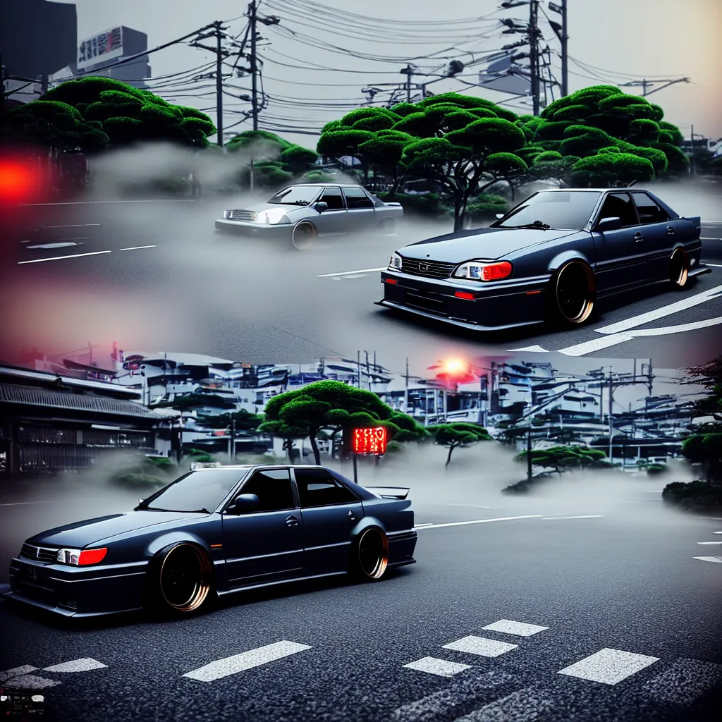 Image similar to a single car JZX100 twin turbo drift in the road, Tokyo prefecture, Japanese architecture, city sunset mist lights, cinematic lighting, photorealistic, detailed alloy wheels, highly detailed