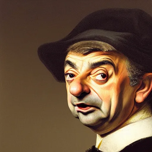 Prompt: a very detailed portrait of rowan atkinson sneezing, art by rembrandt