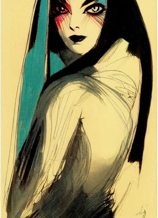 Image similar to svelt iranian korean vampiress, jeweled veil, strong line, saturated color, beautiful! coherent! by frank frazetta, high contrast, minimalism