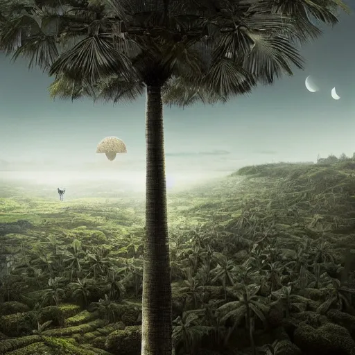 Image similar to a castle in the sky on a magical hill surrounded by giant palm trees, giant moon in the sky, cinematic, digital art by erik johansson, 8 k resolution, hyper detailed, sharp focus