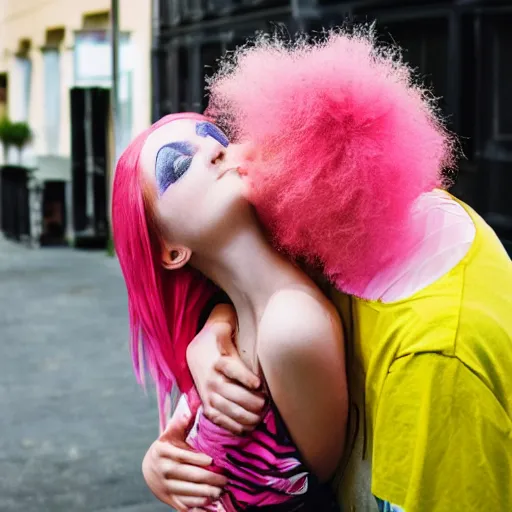 Prompt: teenager with pink hair kissing a clown girl