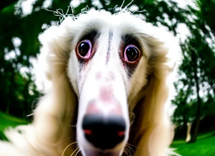 Image similar to a photo of a borzoi dogs face, fisheye lens