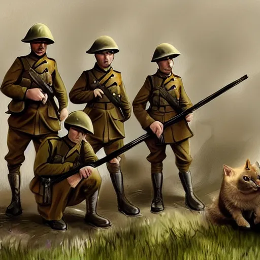 Image similar to soldier cats in British WWI gear waiting in the trenches for the next battle, 4k, concept art, artstation,