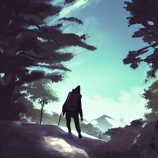 Image similar to person with hoodie walking up a mountain with a backpack that has katanas on the sides by carrie south and aokamei and sasucchi 9 5, anime, amazing composition, astonishing detail, smooth lines, beautiful scenery