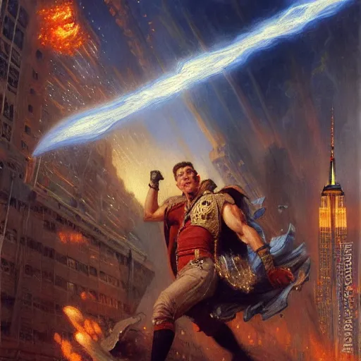 Image similar to stunning male master wizard destroying new york by his thunder spell, highly detailed painting by gaston bussiere, craig mullins, j. c. leyendecker, 8 k