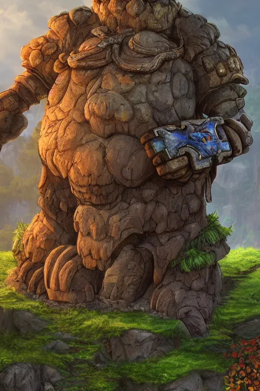 Image similar to zelda fantasy art giant golem troll wood rock greeble gemstone, global illumination ray tracing hdr fanart arstation by sung choi and eric pfeiffer and gabriel garza and casper konefal