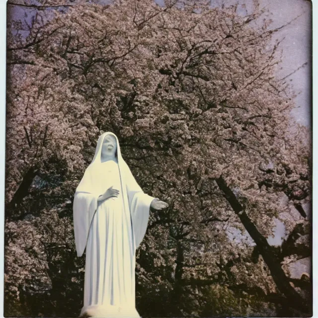 Prompt: vintage polaroid of white mother mary statue, pictured close and slightly from below, sky with clouds and a cherry tree in background