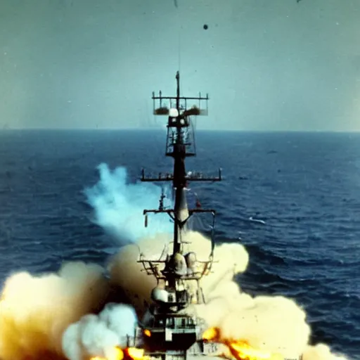 Image similar to view from the deck of a batteship firing a broadside, kamikaze planes diving, world war ii, high resolution colour photo