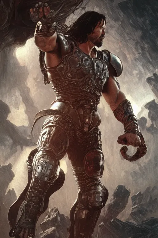 Image similar to ultra realistic illustration,, a hulking herculean keanu reeves with leather armour, from doom and warhammer, intricate, elegant, highly detailed, digital painting, artstation, concept art, smooth, sharp focus, illustration, art by artgerm and greg rutkowski and alphonse mucha