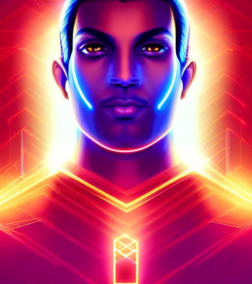 Image similar to symmetry!! indian prince of technology, solid cube of light, hard edges, product render retro - futuristic poster scifi, lasers and neon circuits, brown skin handsome indian prince, intricate, elegant, highly detailed, digital painting, artstation, concept art, smooth, sharp focus, illustration, dreamlike, art by artgerm