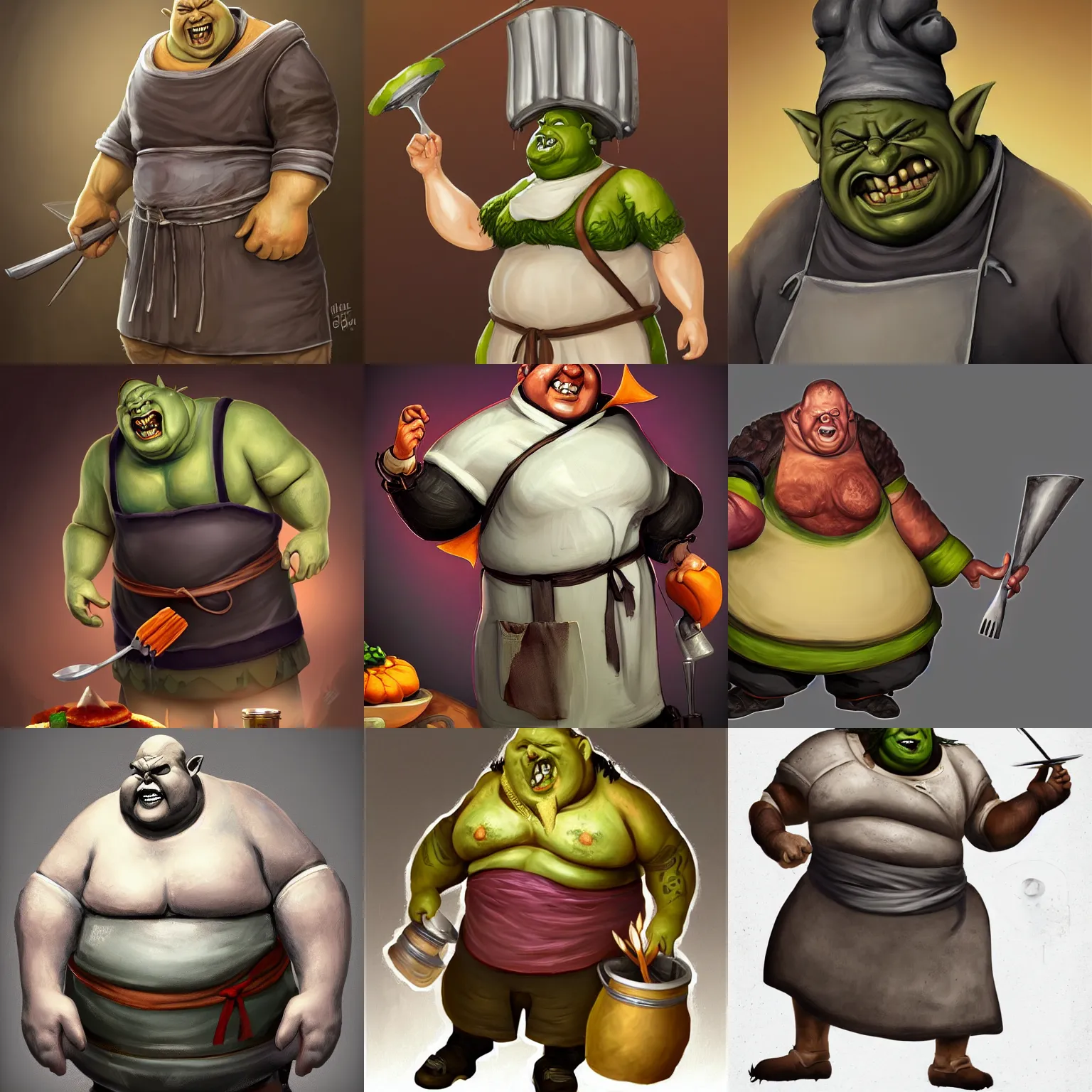 Prompt: fat orc chef with multilayer apron with many cooking accessories, half - life style, highly detailed, digital painting, artstation, concept art, smooth, sharp focus, illustration, artstation