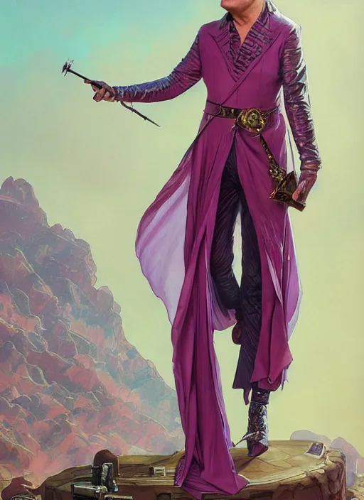 Image similar to Elton John using pink jumpsuit , headshot, painted fantasy character portrait, D&D, highly detailed, digital painting, artstation, sharp focus, art by artgerm and greg rutkowski and alphonse mucha and magali villeneuve