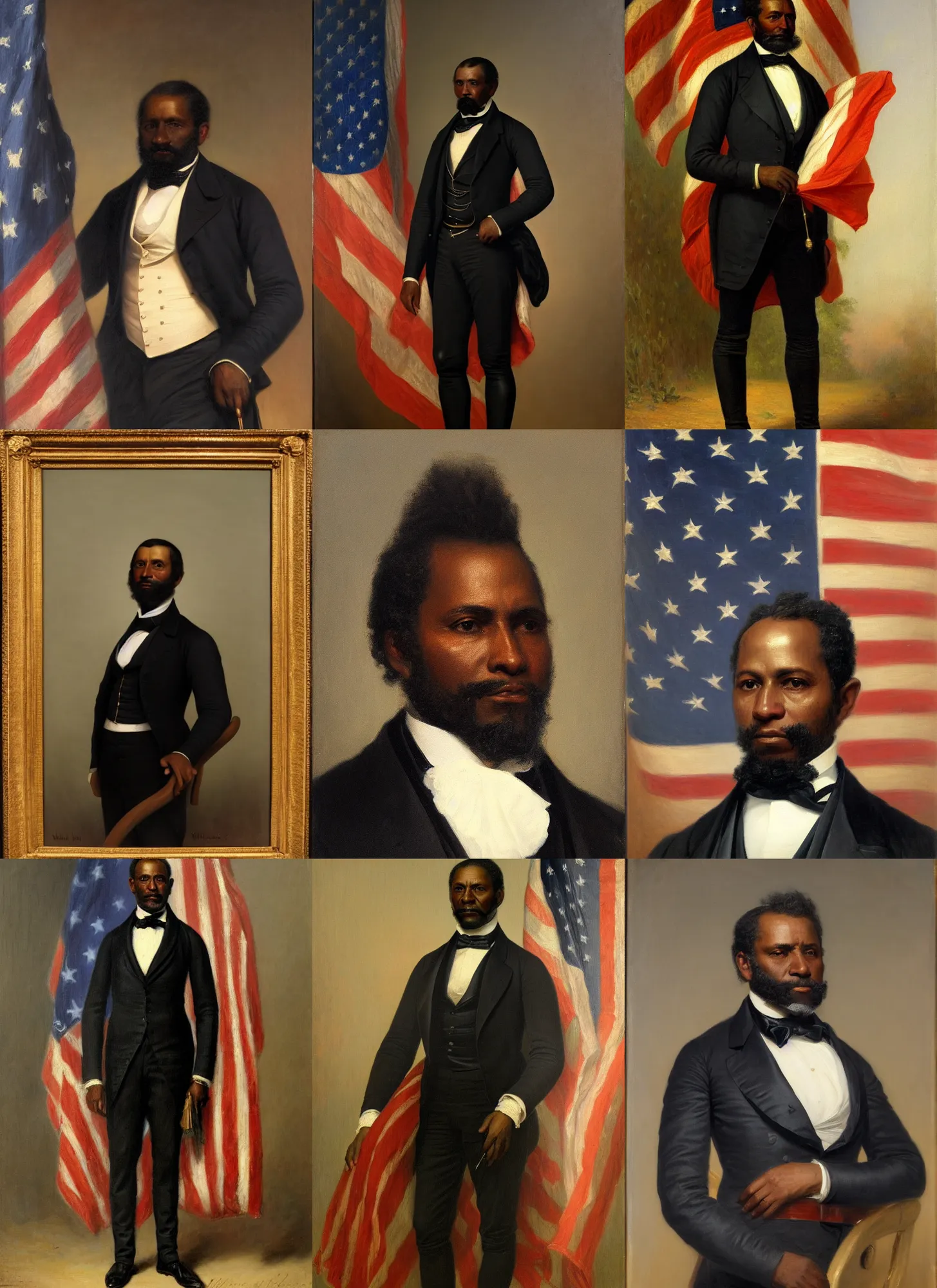 Prompt: portrait of the united states president, 1 8 6 7. a black man from louisiana. standing tall in front of the american flag. oil on canvas by william sidney mount, trending on artstation