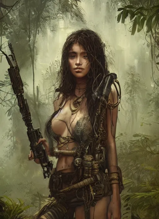 Prompt: portrait of a young very beautiful cute tribal woman with a steampunk gun, in a post apocalyptic city overgrown with lush vegetation, by Luis Royo, by Greg Rutkowski, dark, gritty, intricate, head space, cover illustration, concept art, volumetric lighting, volumetric atmosphere, octane render, trending on artstation, 8k