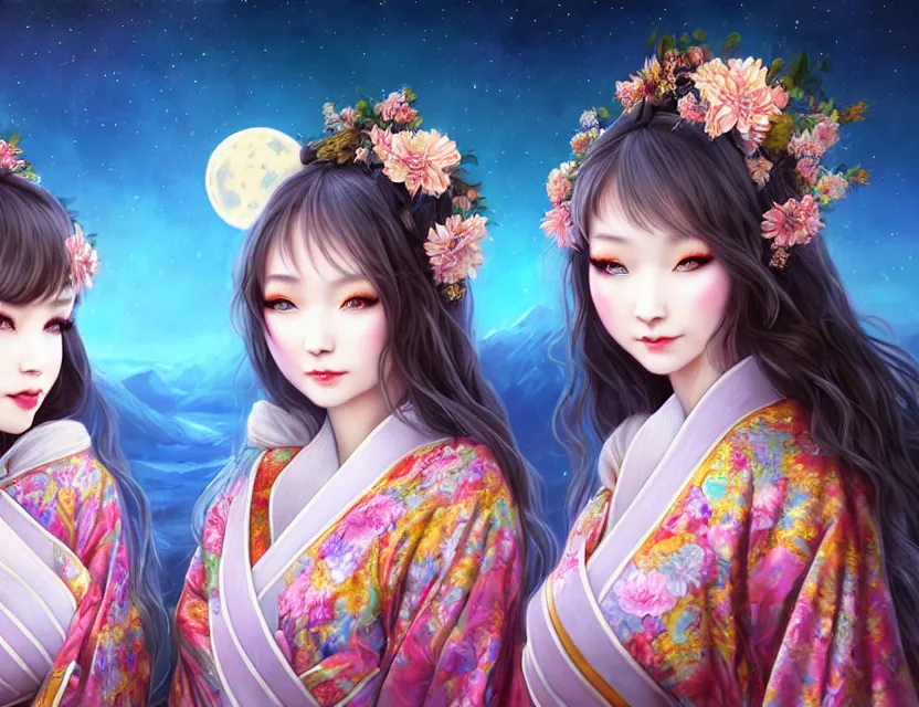 Image similar to two beautiful alluring siberian girls wear fantasy kimono in festival | | sunny night, full moon, dreamlike art, realistic shaded, smile, good looking, hyper details, 4 k realistic, cryengine, realistic shaded lighting poster by artgerm, ross tran, fuji choko, 8 k resolution, trending on artstation, luxury