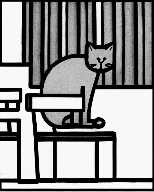 Prompt: a cat seated on the subway, sitting with legs crossed, cross-legged. Minimalist with a White background. New Yorker cartoon. B&W. Black and white.