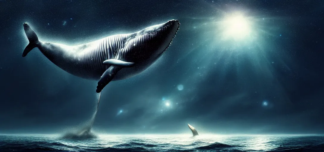 Prompt: a wide angle shot of a lonely whale flying, sea underneath, cosmic starry sky, concept art, trending on artstation, by andreas achenbach, artgerm, mikko lagerstedt, zack snyder, tokujin yoshioka