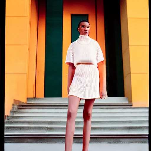 Image similar to realistic photoshoot for a new balenciaga lookbook, color film photography, portrait of a beautiful person, in style of Campbell Addy, location in new york, 35mm