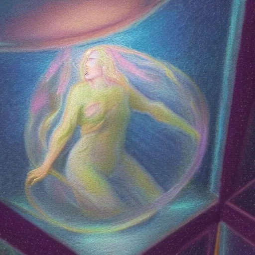 Prompt: a pastel painting of a woman trapped in a clear glass box floating in open space with heavenly bodies all around her