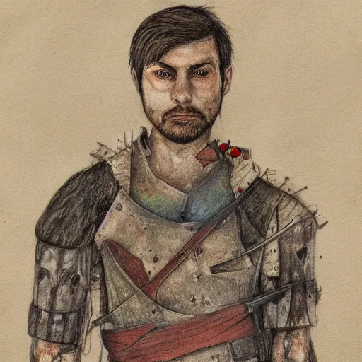 Image similar to self portrait, handsome man with battle scar on his chest holding his sword on his shoulder, pencil art, detailed, handsome, colored, bloody