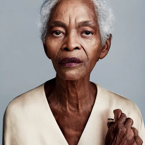Image similar to a muted colors natural make-up portrait Photograph of an elderly black model, editorial story, British Vogue, editorial photography