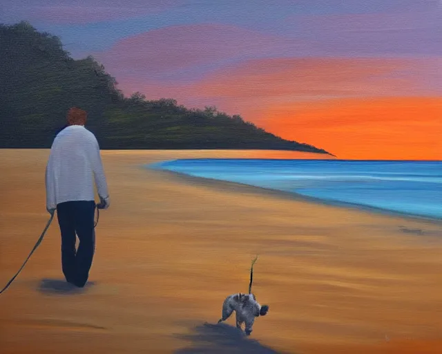 Image similar to man walking his dog at the beach at sunset, acrylic painting, far view