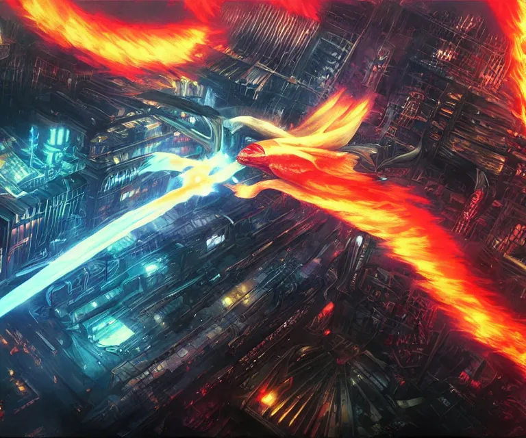 Prompt: neo tokyo, dark fantasy, concept art, video game, phoenix flames