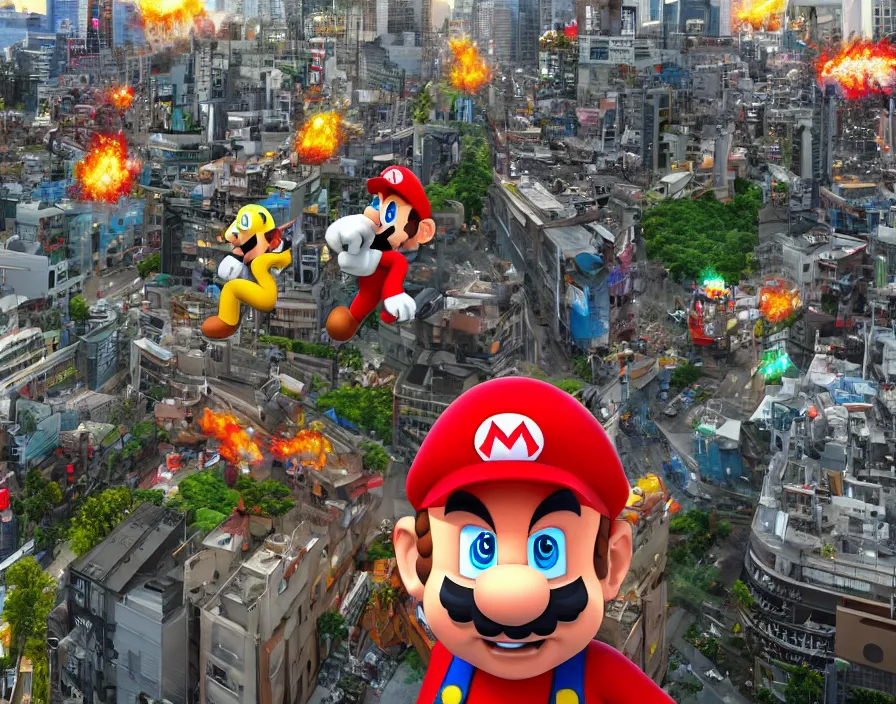 Image similar to giant mario destroying the city in japan, realistic 3 d, hd, hdr, ue 5, ue 6, unreal engine 5, cinematic 4 k wallpaper, 8 k, ultra detailed, by popular digital, details, beautiful image ever created, high resolution, artstation, award winning