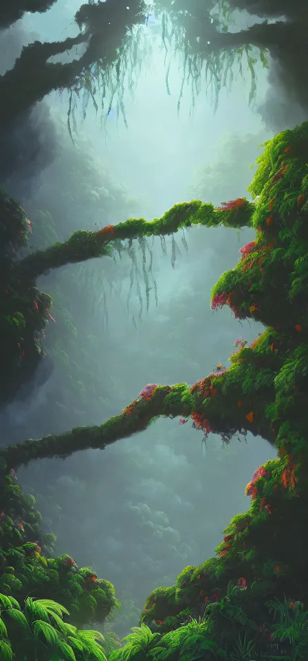 Prompt: smooth blooming cloud forest. gouache painting by the award - winning concept artist, bloom, chiaroscuro, backlighting, depth of field.