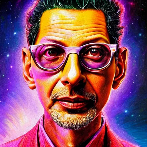 Image similar to Jeff Goldblum an extremely psychedelic experience, colorful, surreal, dramatic lighting, cosmonaut, LSD, face, detailed, intricate, elegant, highly detailed, digital painting, artstation, concept art, smooth, sharp focus, illustration, art by Sam Spratt, Dan Mumford, Artem Demura and Alphonse Mucha