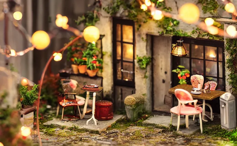 Prompt: mini cafe for mice diorama macro photography, ambient, atmospheric photograph, string lights