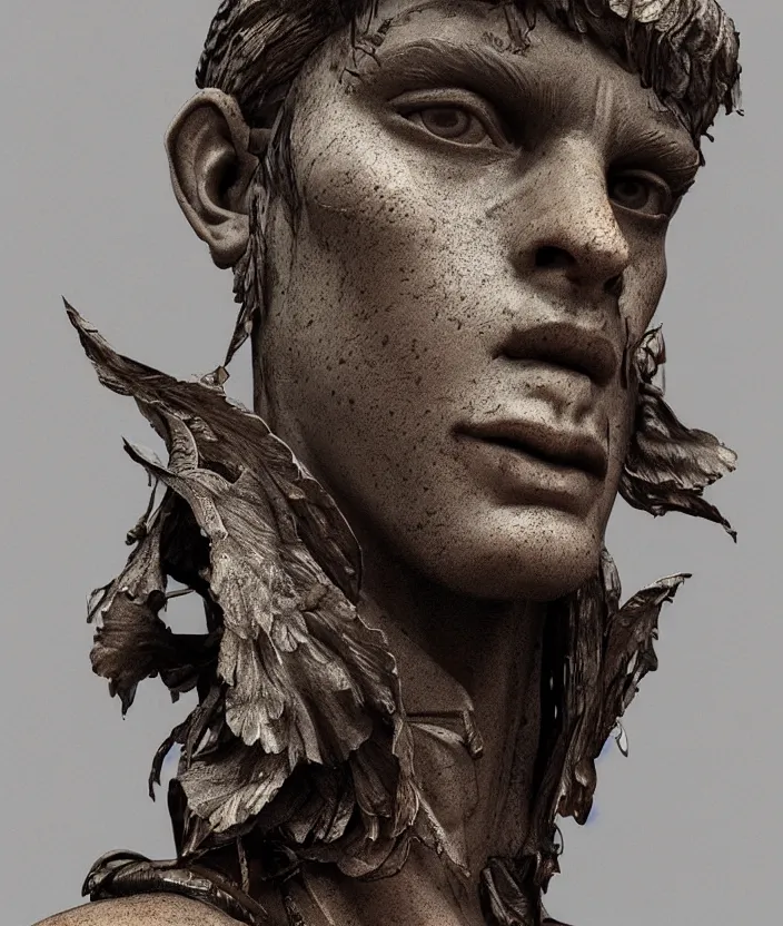 Image similar to a portrait of a stoic statue wearing clothes, aesthetic, naturel, hyper detailed, digital sculpture, trending in artstation, cinematic lighting, studio quality, smooth render, unreal engine 5 rendered, octane rendered, art style by klimt and nixeu and ian sprigger and wlop and krenz cushart