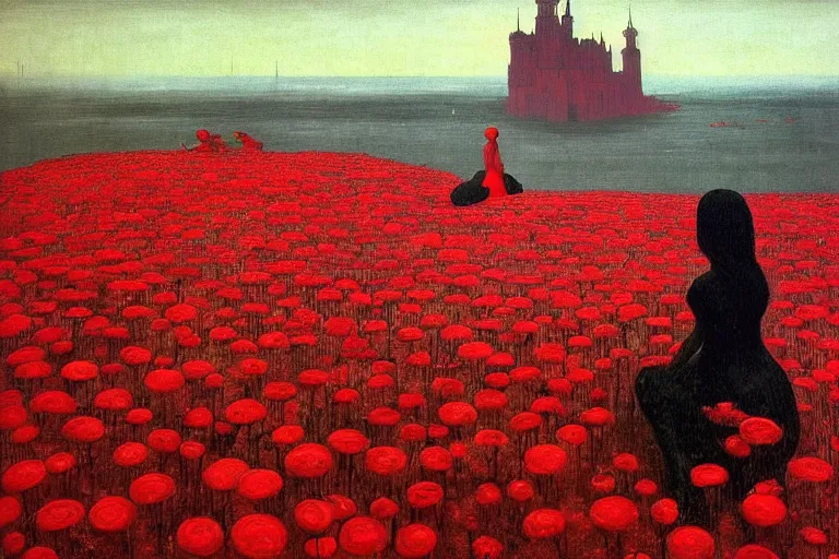 Image similar to only with red, red flowers of different types, red castle in background, red medieval big fat goblins, in the style of beksinski, parts by edward hopper, parts by rodcenko, parts by yue minjun, intricate and epic composition, red by caravaggio, insanely quality, highly detailed, masterpiece, red light, artstation, 4 k