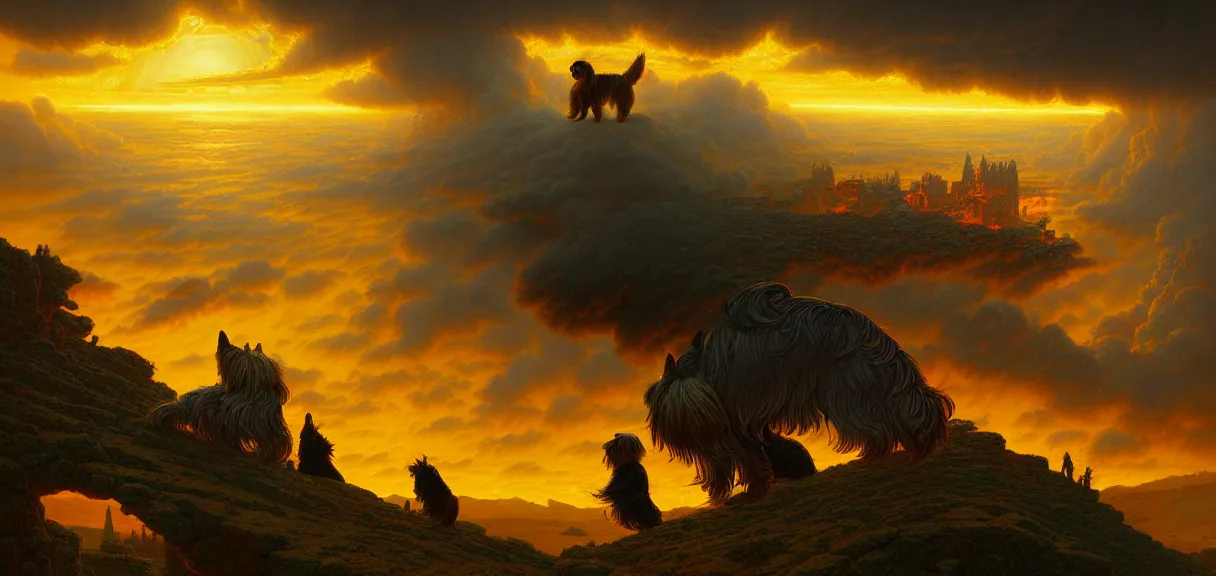 Prompt: post - minimalism portrait of a giant yorkshire terrier destroying medieval village, bird's eye view, golden clouds, vibrant psychedelic color scheme, highly detailed, in the style of romanticism, cinematic, artstation, moebius, greg rutkowski