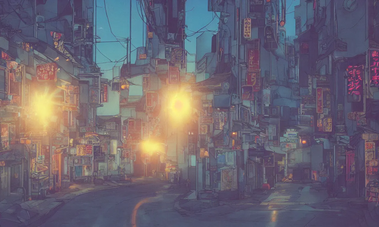 Prompt: A film still from a 1990s Sailor Moon cartoon featuring a moody street in Japan with a waterfall, lofi aesthetic, golden hour, cinematic look, film grain, high detail, high resolution, 8k