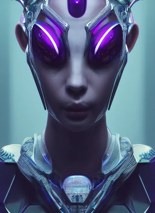 Image similar to beautiful portrait of an alien cyborg, style of Feng Zhu, Artstation geometric, aesthetic, smooth skin, unique features, symmetrical, intricate crown, high fashion, streetwear, cyberpunk, detailed, octane render, cinematic, 8k, purple skin,